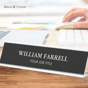 Classic Minimalist Executive Black Cream Desk Name Plate
