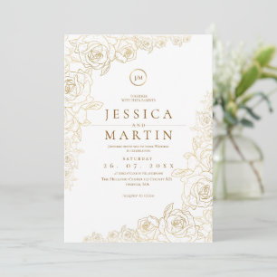 Classic Minimalist Gold White Rose Wedding  Invitation