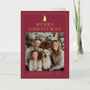 Classic Minimalist Merry Christmas Photo Burgandy Foil Holiday Card
