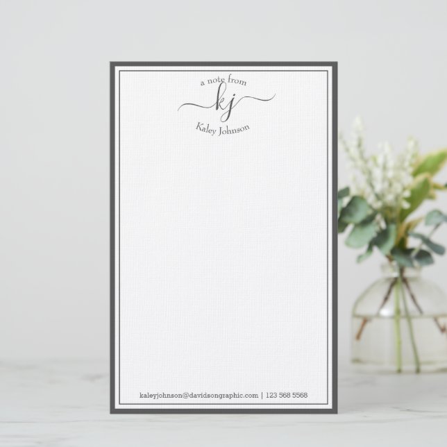 Classic Minimalist Monogram Script Grey Frame  Stationery (Standing Front)