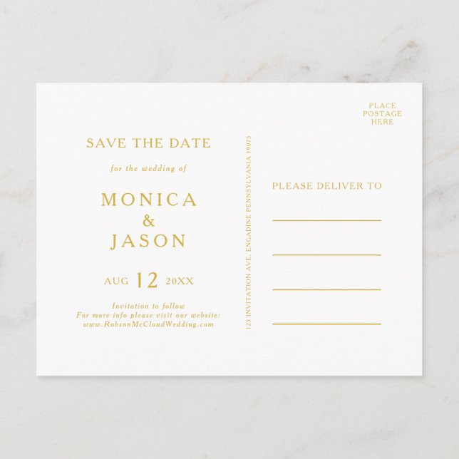 Classic Minimalist Navy Blue | Gold Save The Date Invitation Postcard (Back)