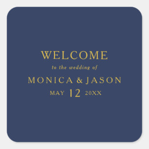 Classic Minimalist Navy Blue Gold Wedding Welcome Square Sticker