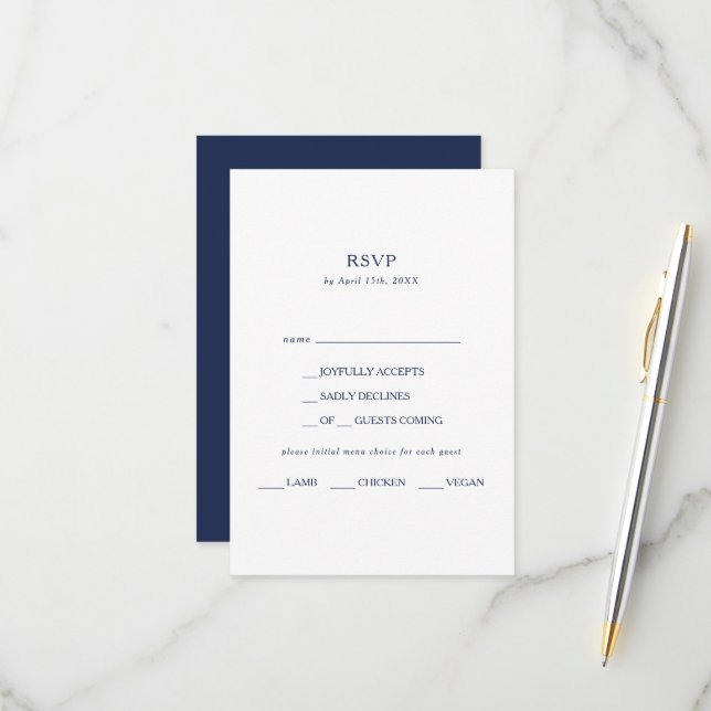 Classic Minimalist Navy Blue Menu Choice RSVP Card (Front/Back In Situ)