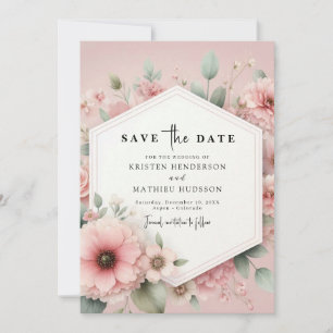 Classic Minimalist Pink Floral Wedding Save The Date