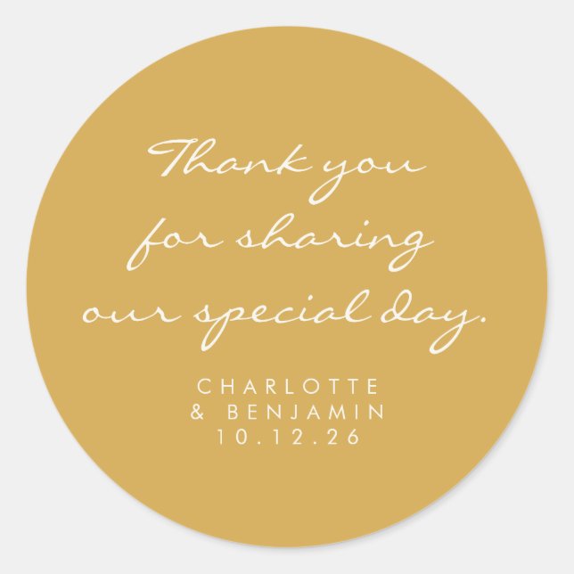 Classic Minimalist Script Yellow Thank You Wedding Round Sticker (Front)