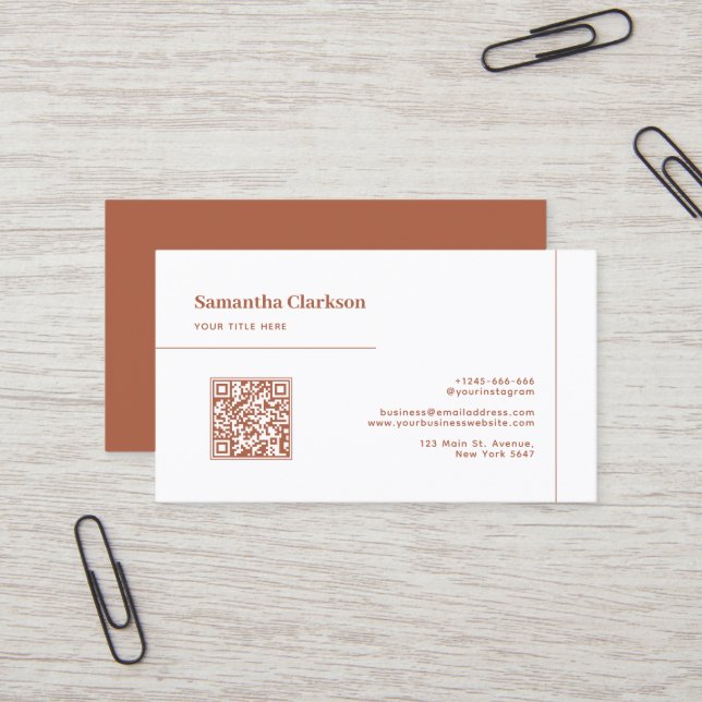 Classic Minimalist Terracotta Line QR Code Business Card (Front/Back In Situ)