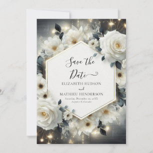 Classic Minimalist White Roses Wedding Save The Date