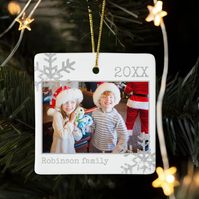 Classic Minimalist Winter Snowflake Border Photo Ceramic Ornament (Rustic snowflake family holiday keepsake photo ornament perfect for gifts to bring joy to others.)