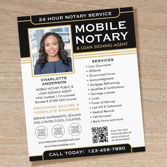 Classic Mobile Notary Flyer QR Code Black Gold (Creator Uploaded)
