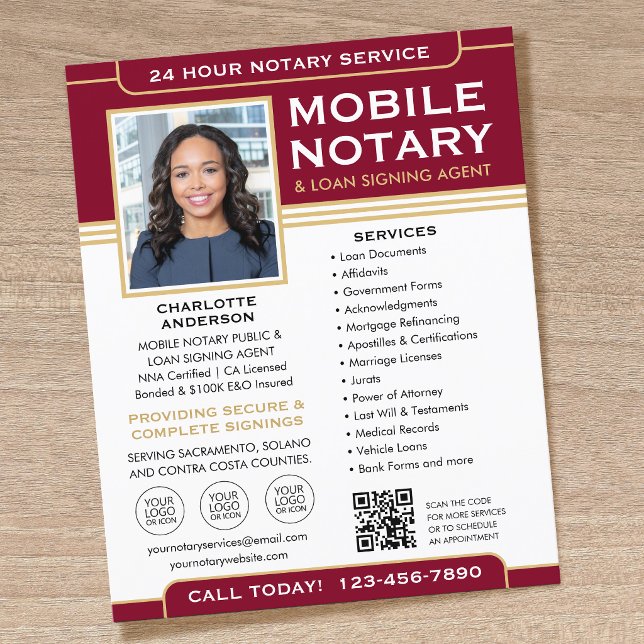 Classic Mobile Notary Flyer QR Code Burgundy Gold (Creator Uploaded)