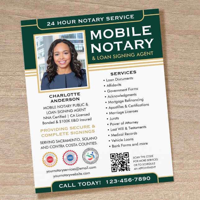 Classic Mobile Notary Public QR Code Green Flyer (Creator Uploaded)
