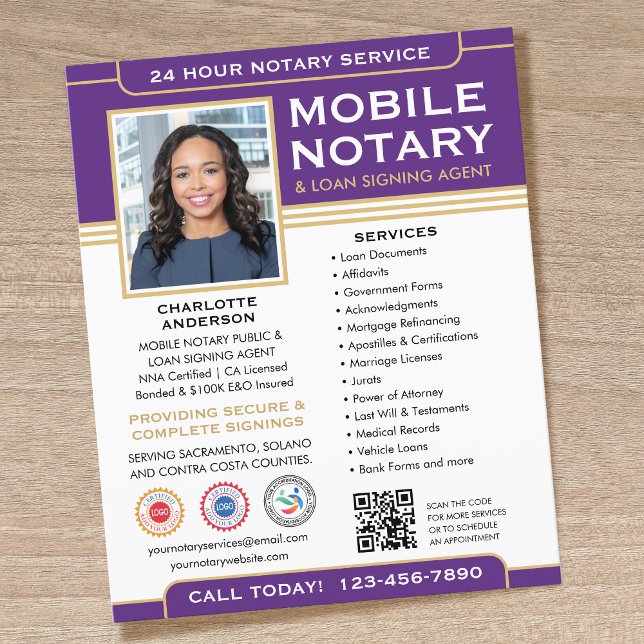 Classic Mobile Notary Public QR Code Purple Flyer (Creator Uploaded)