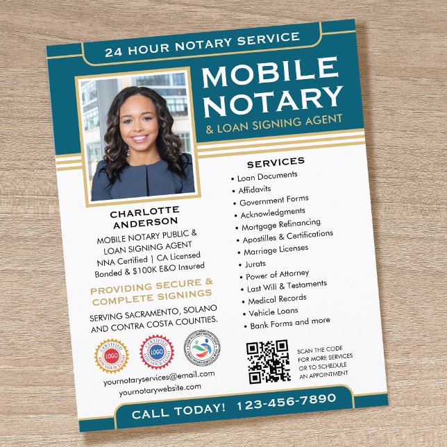 Classic Mobile Notary Public QR Code Teal Editable Flyer (Creator Uploaded)