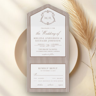 Classic Mocha Brown Striped Crest Monogram Wedding All In One Invitation