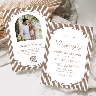 Classic Mocha Brown Striped Photo QR Code Wedding Invitation