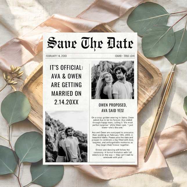 Classic Modern 2 Photo Wedding Newspaper Style  Save The Date (Creator Uploaded)