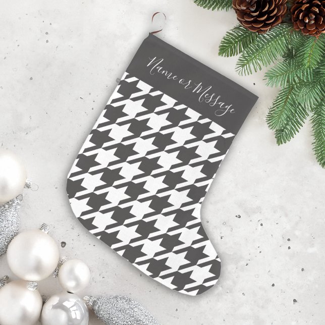 Classic Modern Black and White Houndstooth Large Christmas Stocking (Creator Uploaded)