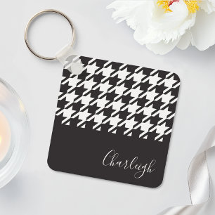 Classic Modern Black and White Houndstooth Name Key Ring