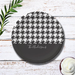 Classic Modern Black and White Houndstooth Paper Plate