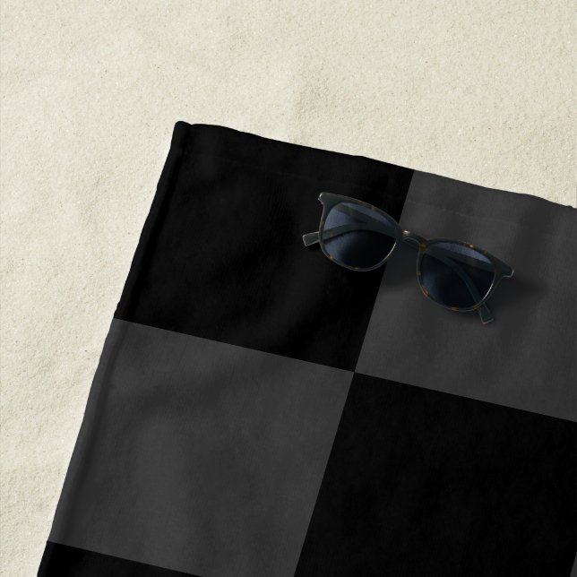 Classic Modern Black & Smoky Black Chequerboard  Beach Towel (In Situ)