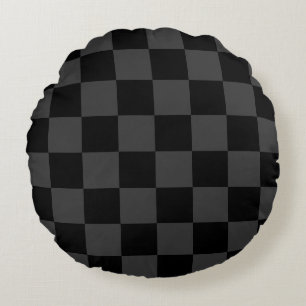 Classic Modern Black & Smoky Black Chequerboard  Round Cushion