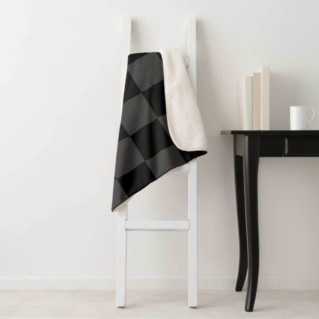 Classic Modern Black & Smoky Black Chequerboard  Sherpa Blanket (In Situ)