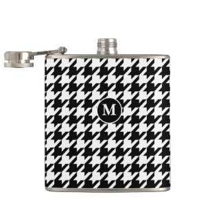Classic Modern Black & White Houndstooth Monogram Hip Flask