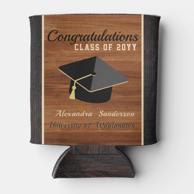 Classic Modern Brown Wood Grain Graduation cap Can Can Cooler (Front)