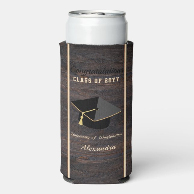 Classic Modern Brown Wood Grain Graduation cap  Seltzer Can Cooler (Seltzer Back)