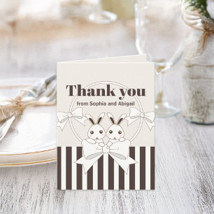Classic Modern Cute Cartoon Bunny Twin Girl Thank You Card