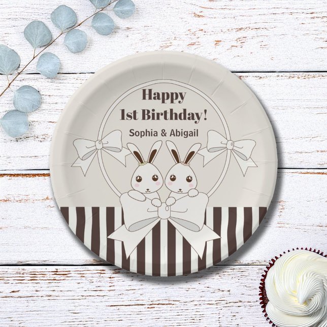 Classic Modern Cute Twin Bunny Girl Birthday Paper Plate (Creator Uploaded)