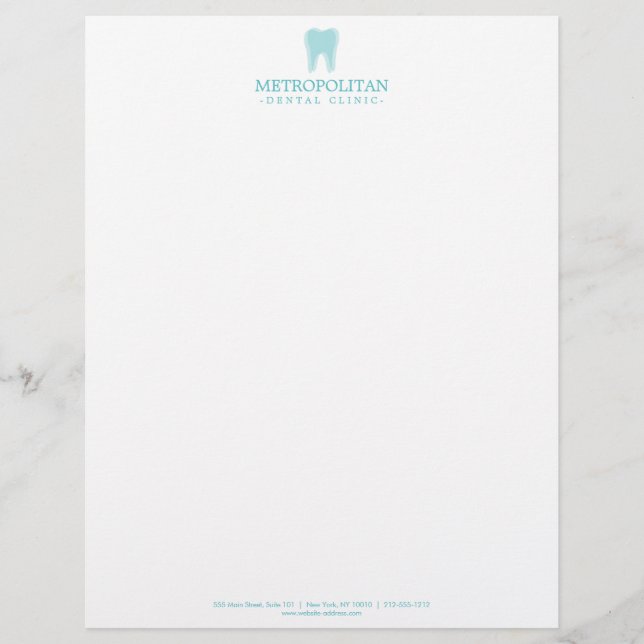 Classic Modern Dentist Tooth Logo Aqua Blue Custom Letterhead (Front)