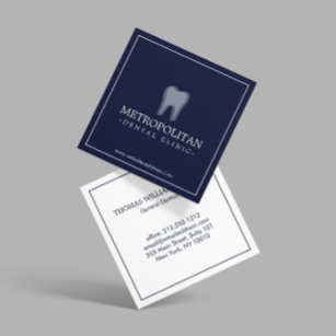 Classic Modern Dentist Tooth Logo on Navy Blue Square Business Card