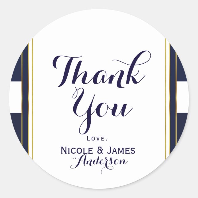 Classic Modern Elegant Blue & Gold Wedding Favour Round Sticker (Front)
