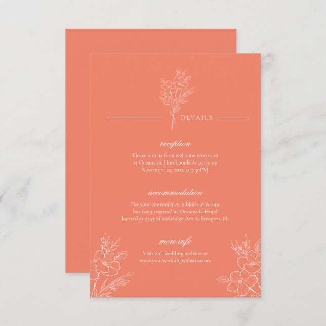 Classic Modern Elegant Floral Coral Wedding Detail Enclosure Card (Front/Back)