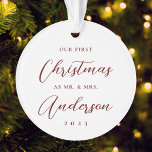 Classic Modern First Christmas as Mr. Mrs. Photo Ornament<br><div class="desc">Custom-designed Christmas ornament featuring modern hand calligraphy "Our 1st Christmas" design.</div>