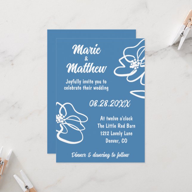Classic & Modern Floral Blue Wedding Invitation (Front/Back In Situ)