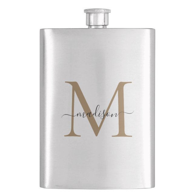 Classic Modern Gold Monogram Girly Script Name Hip Flask (Front)