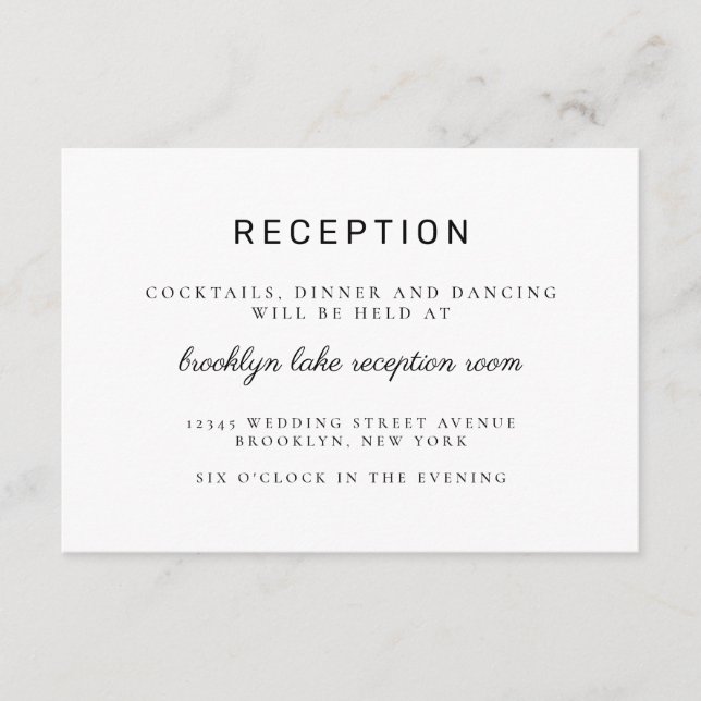Classic Modern Minimalist Black Wedding Reception Enclosure Card (Front)