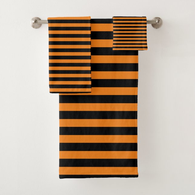 Classic Modern Orange and Black Striped  Bath Towel Set (Insitu)
