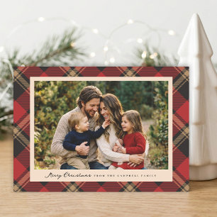 Classic Modern Red and Black Plaid Christmas Photo Holiday Card