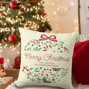 Classic Modern Red Green Floral Berries Christmas Cushion