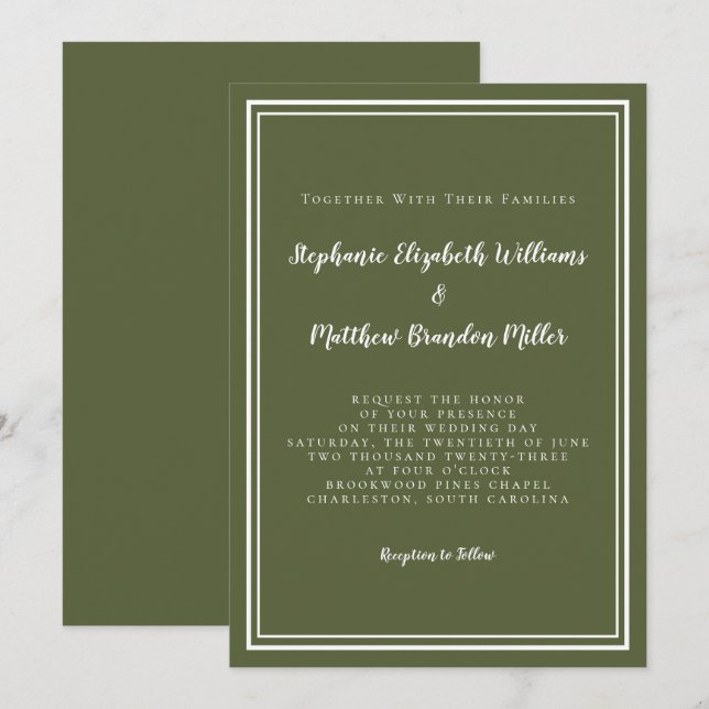 Classic Modern Simple Olive Green Elegant Wedding Invitation (Front/Back)