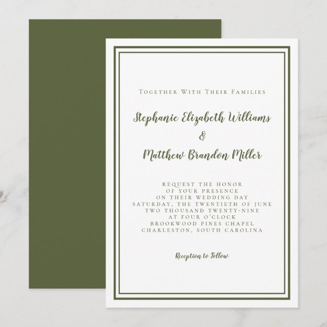 Classic Modern Simple Olive Green & White Wedding Invitation (Front/Back)