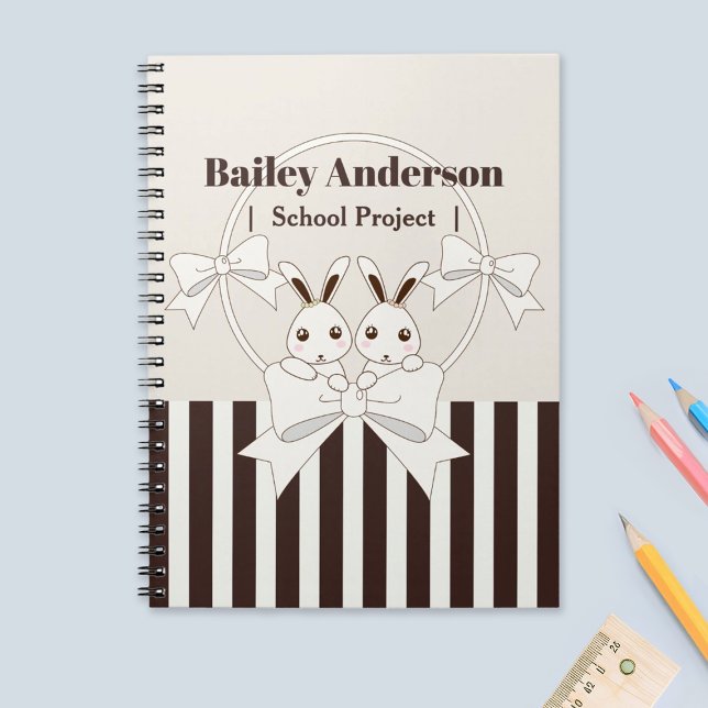 Classic Modern Stripe Cute Cartoon Twin Bunny Kids Notebook (Creator Uploaded)
