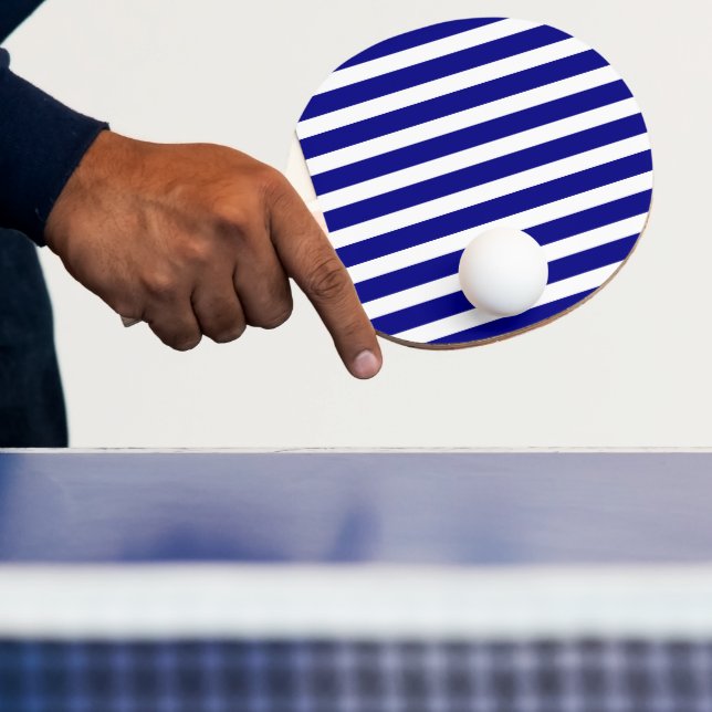 Classic Modern Striped Navy Blue and White Ping Pong Paddle (Insitu)