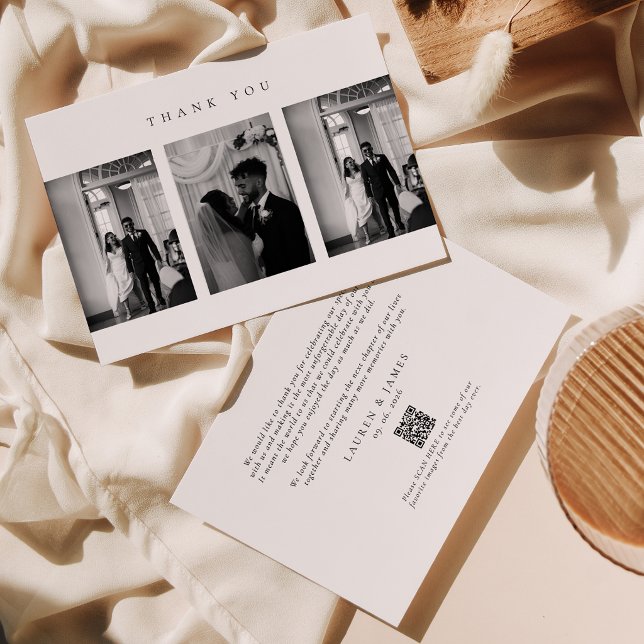 Classic Modern Wedding Photo Collage QR Code Thank You Card (Creator Uploaded)