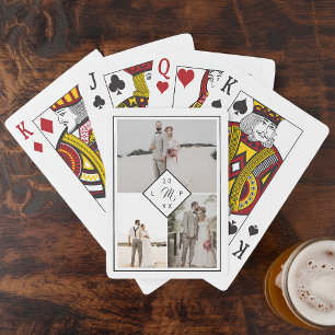 Classic monogram 3 photo grid collage wedding playing cards