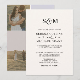 Classic Monogram 4 Photo Heart Script Wedding Invitation