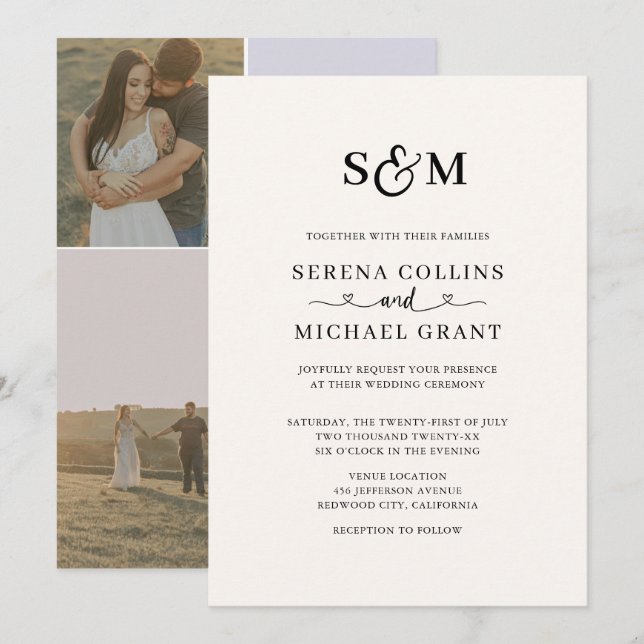 Classic Monogram 4 Photo Heart Script Wedding Invitation (Front/Back)